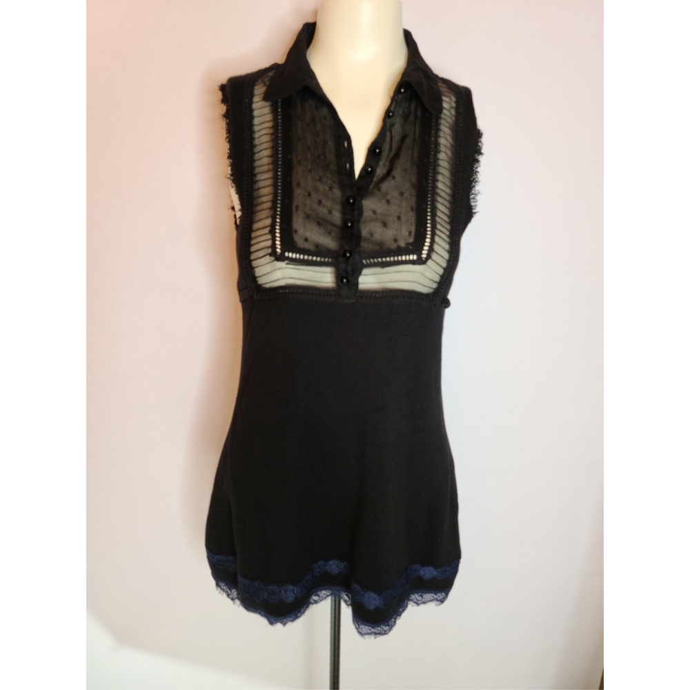 FREE PEOPLE black sheer button down dress with blue lace accents Small